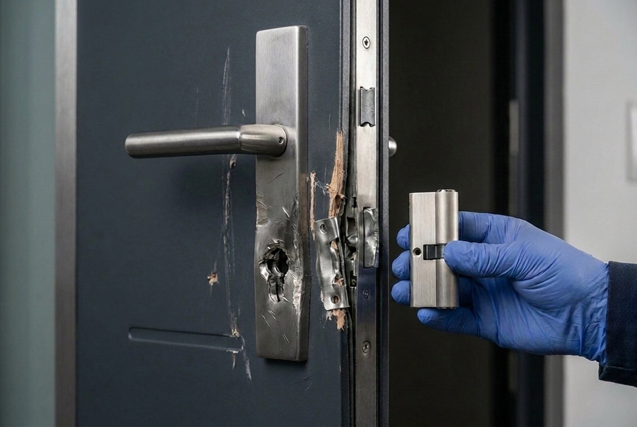 Einbruchsicherung — zerkratzte, aufgehebelte Tür wird nach einem Einbruch mit einem neuen Sicherheitszylinder instand gesetzt