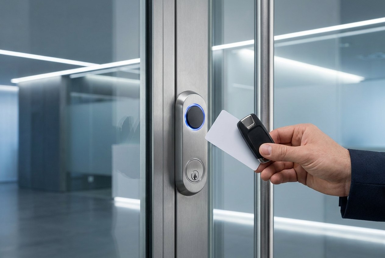 Schliesstechnik — elektronisches Zutrittssystem mit Zutrittskarte an einer modernen Glastür