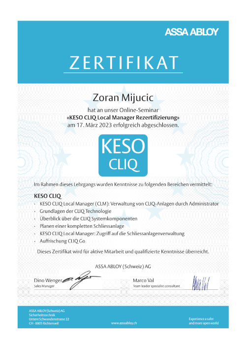 Zertifikat KESO CLIQ Local Manager — ASSA ABLOY (Schweiz) AG